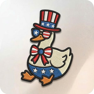 May include: Embroidered patch featuring a cartoon goose dressed in patriotic attire. The goose wears a red, white, and blue top hat, sunglasses, and a bow tie. The design includes stars and stripes, celebrating American pride.