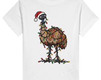 May include: A white short-sleeved t-shirt featuring a graphic illustration of a brown emu wearing a red and white Santa hat. The emu is tangled in a string of colourful red, green, and yellow Christmas lights that drape around its body.