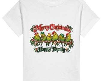 May include: A white short-sleeved t-shirt featuring a graphic of six green budgies perched on a branch, each wearing a small colourful party hat. Above the birds is the red text Merry Christmas and below is the green text Happy Family.