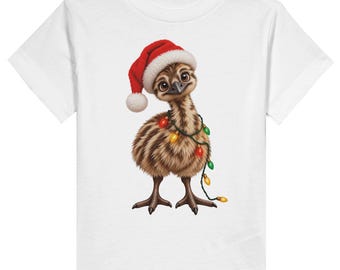 May include: A white short-sleeved t-shirt featuring a graphic of a fluffy brown emu chick wearing a red and white Santa hat. The emu is draped with a string of colourful Christmas lights, including red, yellow, and green bulbs.
