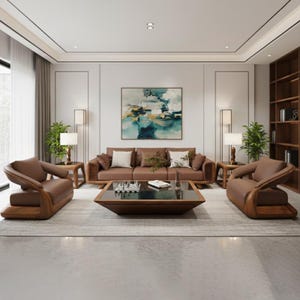 Conjunto de sofás de madera maciza de roble, muebles duraderos y naturales para la sala de estar.