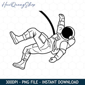 May include: Black and white illustration of an astronaut floating in space, wearing a spacesuit and helmet. The astronaut is attached to a black tether. The image includes the text "300DPI - PNG FILE - INSTANT DOWNLOAD".