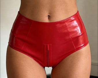 Sexy Latex Briefs Rubber Women Boxer Shorts Underwear with Crotch Zipper