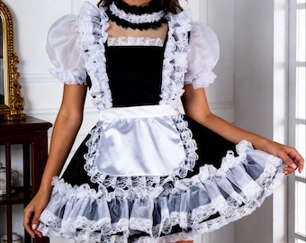 Sexy Sissy girl maid black and white satin lockable chiffon ruffle cosplay costume customizable