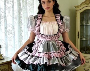 Adult Sissy Pink Black Square Neck Lace Shoulder Sheer Fluffy Lockable Gothic Maid Dress Custom