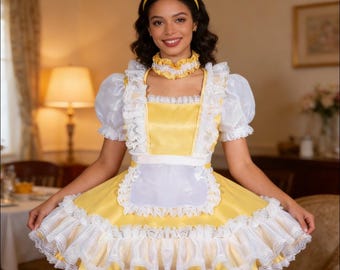 Sissy girl French maid yellow satin lockable ruffle edge dress cosplay costume customization