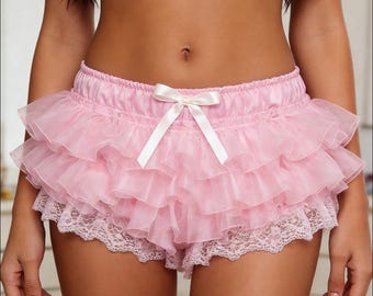 Pink Satin Ruffle Shorts: Tulle, Lace Trim, Custom Sizing