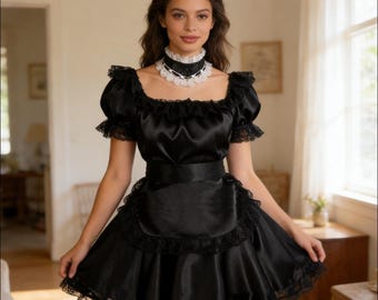 Gothic Black Satin Maid Dress: Lace Trim, Puff Sleeves