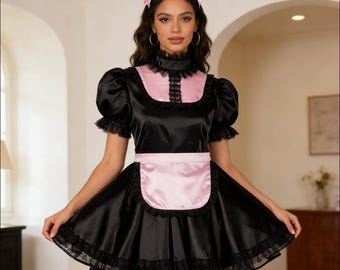 Sissy Girl Black Satin Lace Edge Lockable Dress Maid Cosplay Costume Halloween Party Customized