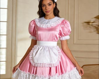 Adult dressing sissy maid short pink satin lockable dress white apron