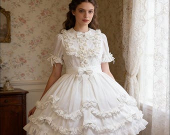 White satin Gothic sissy wedding dress with multiple layers ruffled edges, maid role-playing costume