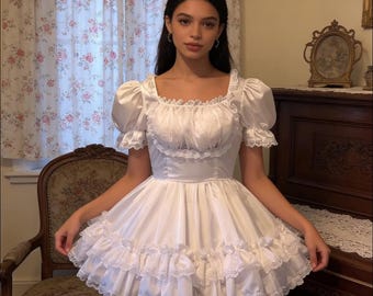 Maid Sissy Dress White Satin Square Low Neck Lace Tight Waist Puff Skirt Customized