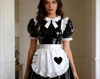 Adult sexy cross dressing sissy maid short lockable black PVC dress Uniform apron costume