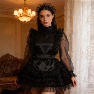 Könnte beinhalten: Ein schwarzes Satin-Mädchenkostüm mit Rüschenbesatz und passendem Stirnband. Das Kleid hat einen hohen Kragen, lange, durchsichtige Ärmel und einen mehrschichtigen Rock. Das Outfit ist mit einem figurbetonten Oberteil und einer Schürze versehen.