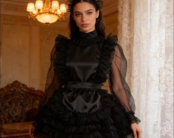 Sissy girl French maid black chiffon long sleeved lockable multi-layer ruffle edge costume customizable
