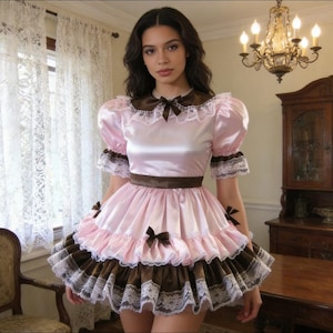 May include: A pink satin dress with a brown collar, cuffs, and waist belt. The dress features a layered skirt with lace trim and small bows. The sleeves are short and puffed, and the dress has a vintage aesthetic.