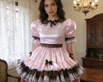Pink Satin Lockable Doll Collar Dress with Black Lace Trim – Cosplay, ABDL Apparel