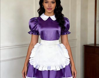 Sissy French maid purple satin ruffle edge dress cosplay costume customizable