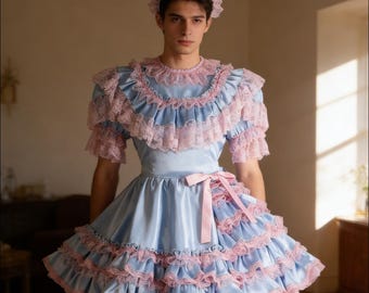 Blue Satin French Maid Costume Multi-Layer Ruffled Lace Sissy Girl Lockable Customizable Maid Outfit