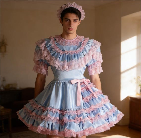 blue french maid dress Satin Costume Multi-Layer Ruffled Lace Sissy Girl Lockable Customizable Maid Outfit Size:38W/32L Birthday Beautiful Western Gowns Suit for 64