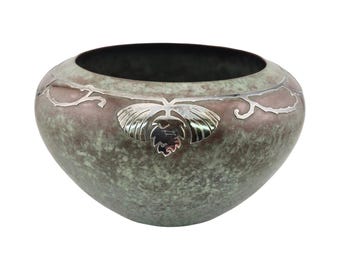 Antiek zilveren kuif sterling op bronzen dennenappel kom groen patina #902
