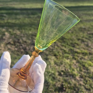 Tiffin Uranium Glass Amber Stem Art Deco Wine Glasses Pair