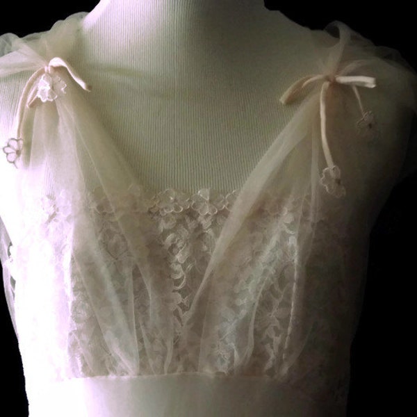 1950s Sheer Soft Pink Night Gown Lingerie Negligee Lace Chiffon By FloreLee Size 34