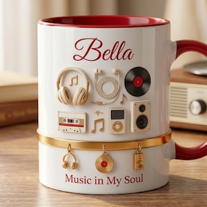 Personalized Retro Music Mug, Custom Coffee Cup, Vinyl Headphones Audio Lover Present