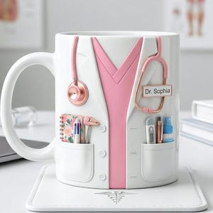 Może przedstawiać: Biały ceramiczny kubek z motywem fartucha lekarskiego, różowym stetoskopem i akcentami. Kubek ma kieszenie z długopisami, notatnikiem i narzędziami medycznymi. Imię "Dr. Sophia" znajduje się na plakietce. Kubek stoi na białej podkładce.