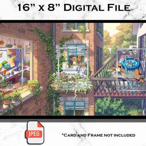 Può includere: Stampa di file digitale, 40,6 x 20,3 cm, raffigurante un'illustrazione in stile anime di un edificio in mattoni con finestre e balconi aperti. L'immagine include tre carte collezionabili incorniciate con vari personaggi. Il testo "16" x 8" DIGITAL FILE" è in alto.