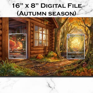 May include: A 16 inch by 8 inch digital file titled Autumn Season featuring a log cabin exterior with a warm interior view and a forest landscape. Two trading cards are displayed on the image, one showing a fox-like creature and the other a forest scene.