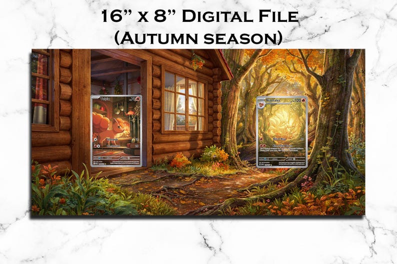 K&ouml;nnte beinhalten: Eine 16 Zoll mal 8 Zoll gro&szlig;e digitale Datei mit dem Titel Autumn Season, die das &Auml;u&szlig;ere einer Blockh&uuml;tte mit warmem Innenblick und eine Waldlandschaft zeigt. Zwei Sammelkarten sind auf dem Bild abgebildet, eine mit einem fuchsartigen Wesen.