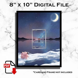 May include: Digital art print in a black frame, 8" x 10". The artwork depicts a serene night scene with a crescent moon, a starry sky, and a figure in a card. A pink creature sits on an icy surface. Text: "8" x 10" DIGITAL FILE".