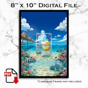 Pode incluir: Impressão de arte digital em uma moldura preta, apresentando uma cena subaquática com um personagem de pato amarelo em um copo. A obra de arte é ambientada em um fundo de céu azul, oceano e recife de coral. A impressão mede 20,3 cm x 25,4 cm.