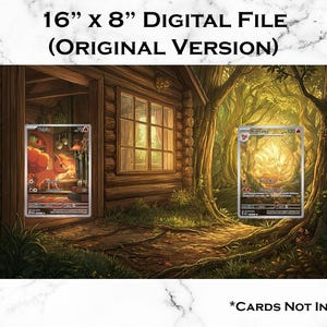 K&ouml;nnte beinhalten: Eine digitale Datei im Format 16 x 8 Zoll mit einer Illustration eines Holzh&uuml;tteninneren und eines Waldwegs. Der Text 16" x 8" DIGITAL FILE (ORIGINAL VERSION) und *CARDS NOT INCLUDED ist auf dem wei&szlig;en Marmorhintergrund zu sehen.