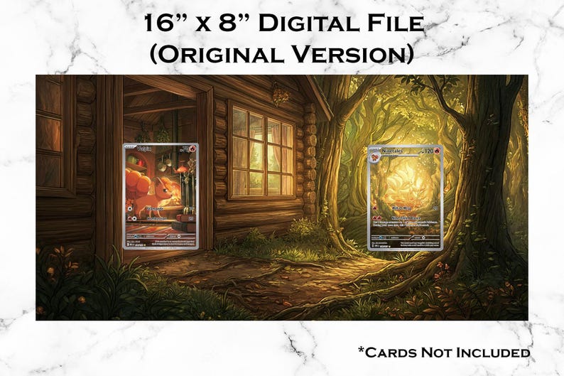K&ouml;nnte beinhalten: Eine digitale Datei im Format 16 x 8 Zoll mit einer Illustration eines Holzh&uuml;tteninneren und eines Waldwegs. Der Text 16" x 8" DIGITAL FILE (ORIGINAL VERSION) und *CARDS NOT INCLUDED ist auf dem wei&szlig;en Marmorhintergrund zu sehen.