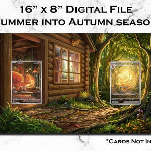 K&ouml;nnte beinhalten: Eine 16" x 8" digitale Datei mit einer Blockh&uuml;ttenszene beim &Uuml;bergang vom Sommer zum Herbst. Das Bild zeigt ein Blockhaus vor einem Waldhintergrund mit zwei rechteckigen Rahmen f&uuml;r Sammelkarten. Der Text lautet 16" x 8" DIGITAL FILE (SUMMER INTO AUTUMN SEASON) und *CARDS NOT INCLUDED.