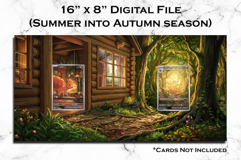 K&ouml;nnte beinhalten: Eine 16" x 8" digitale Datei mit einer Blockh&uuml;ttenszene beim &Uuml;bergang vom Sommer zum Herbst. Das Bild zeigt ein Blockhaus vor einem Waldhintergrund mit zwei rechteckigen Rahmen f&uuml;r Sammelkarten. Der Text lautet 16" x 8" DIGITAL FILE (SUMMER INTO AUTUMN SEASON) und *CARDS NOT INCLUDED.