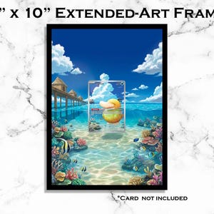 May include: An 8" x 10" extended art frame featuring a vibrant underwater scene. The artwork depicts a yellow duck in a glass, with a tropical ocean background, coral, and fish. The sky is blue with fluffy white clouds. The frame is black.