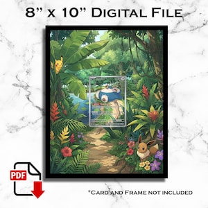 May include: Digital file of a vibrant jungle scene with a path, lush greenery, and colorful flowers. A Pokemon card is centered in the image. The print measures 8" x 10".