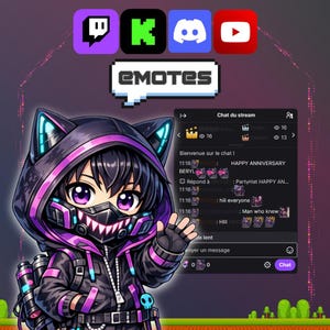 May include: An anime-style character wearing a cat-ear hood, a mask, and a backpack, in a black and purple outfit. The image includes Twitch, Kick, Discord, and YouTube logos, the word "EMOTES", and a chat window.