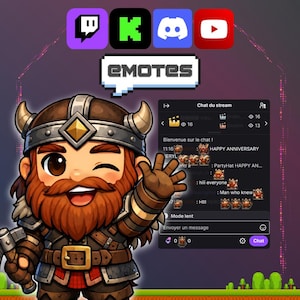 Peut inclure: Illustration de dessin animé d'un personnage Viking souriant avec une barbe rousse, portant un casque à cornes et tenant un marteau. L'image comprend les logos Twitch, Kick, Discord et YouTube, ainsi que le mot "EMOTES" dans une bulle.