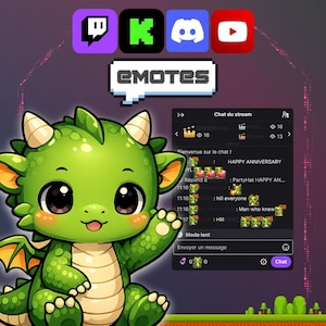 Peut inclure: Un mignon dragon vert de dessin animé avec de grands yeux et une expression amicale. L'image comprend le mot "EMOTES" dans une bulle, et des icônes de Twitch, Kick, Discord et YouTube. Une fenêtre de chat est également visible.