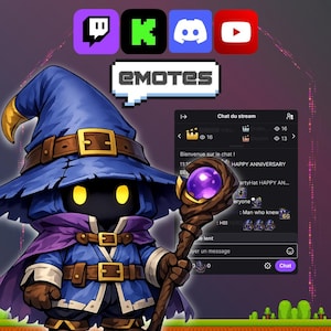 May include: A digital illustration of a wizard character with a blue hat and robe, holding a staff with a purple orb. The image includes social media icons and the word "EMOTES" in a speech bubble.