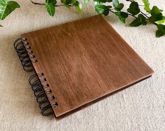 Square Photo Album, Boho Scrapbook, Art Journal, Photo Book with Wooden Cover