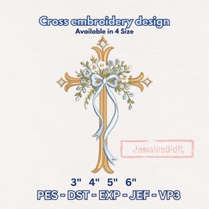 Wzór haftu krzyżykowego z motywem kwiatowym na Wielkanoc, plik do haftu maszynowego z krzyżem religijnym chrześcijańskim z niebieską kokardą