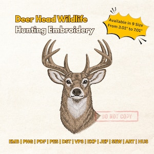 Diseño de bordado de retrato de ciervo realista, archivo de bordado a máquina de caza de animales salvajes con cabeza de ciervo, diseño de puntada de ciervo