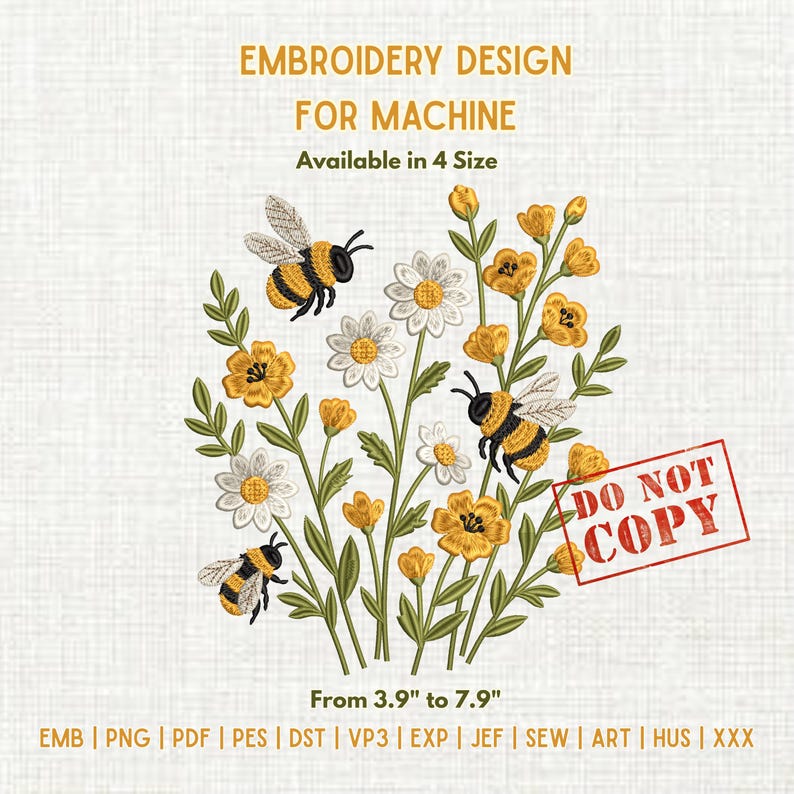 Machine Embroidery Design: Honeybee Daisy Floral Pattern (digital ...