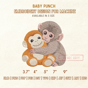 Funny Punch Monkey Embroidery Design, Viral Baby Macaque Meme Machine Embroidery File, Emotional Support Monkey Embroidery Pattern