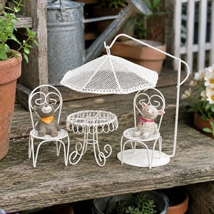 Miniature Iron Garden Furniture Set, Fairy Garden Chair Table Set, Tiny Patio Decor, Cottagecore Garden Ornament, Mini Outdoor Scene